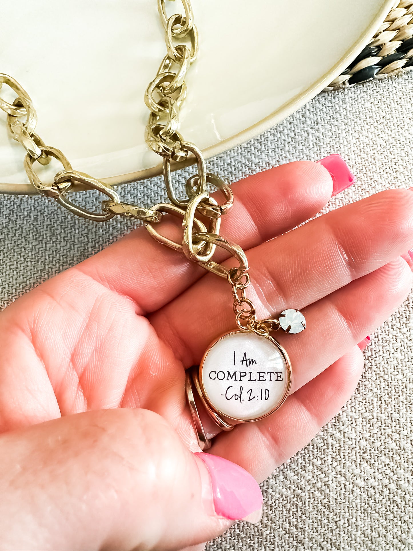 I Am Complete Affirmation Christian Necklace Gold Oval Chain