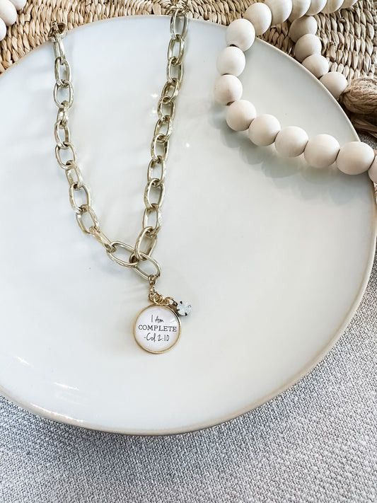 I Am Complete Affirmation Christian Necklace Gold Oval Chain