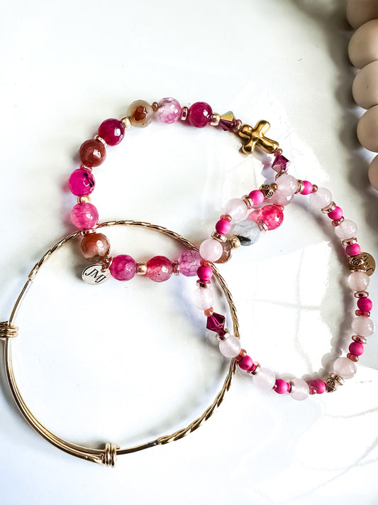 Grace Luxe Stretchy Gemstone Bracelet Stack Set of 3 in Pink