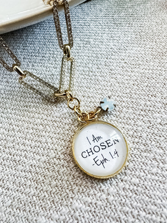 I Am Chosen Affirmation Necklace Crystal Gold Paper Clip Chain