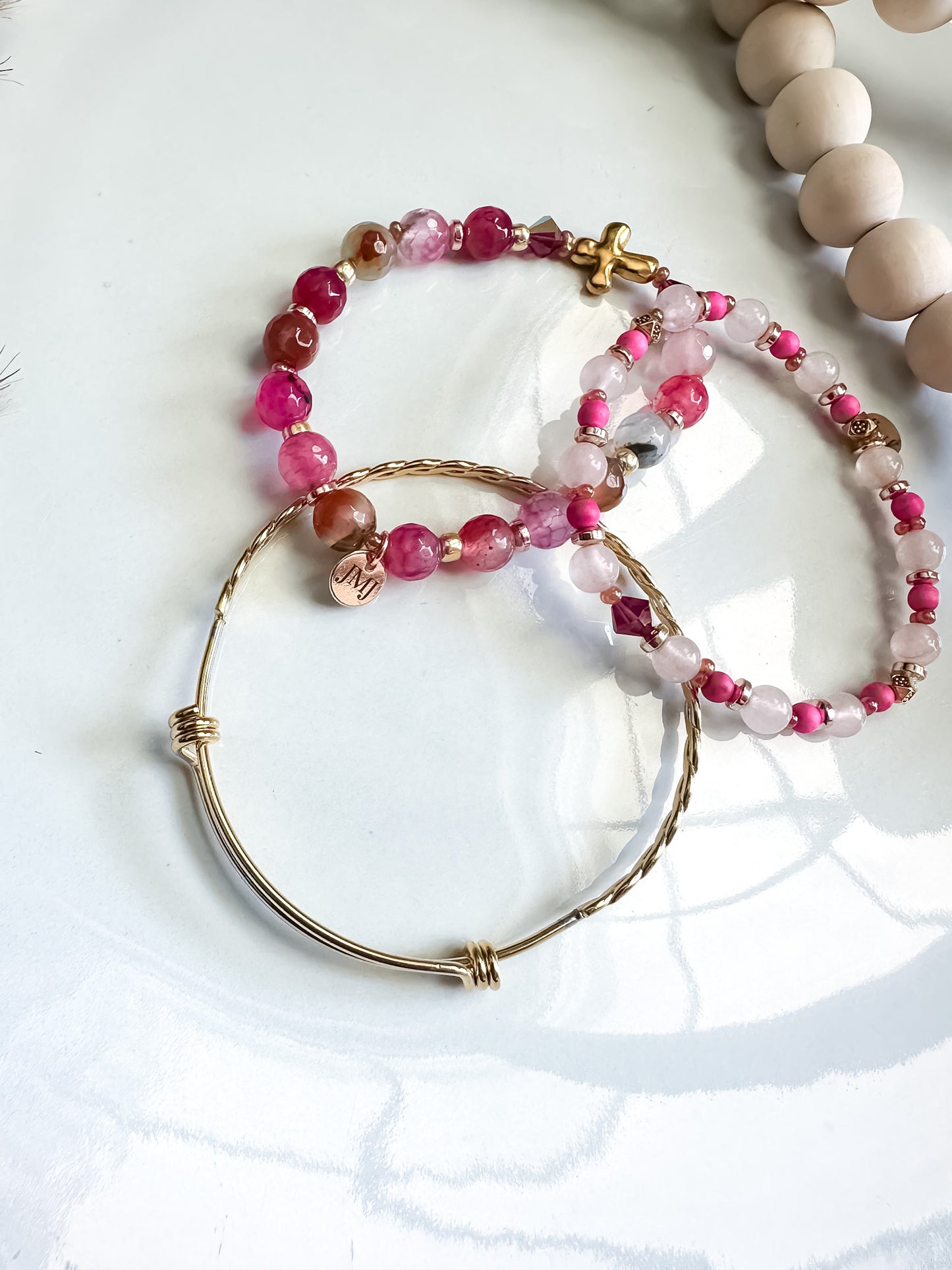 Grace Luxe Stretchy Gemstone Bracelet Stack Set of 3 in Pink