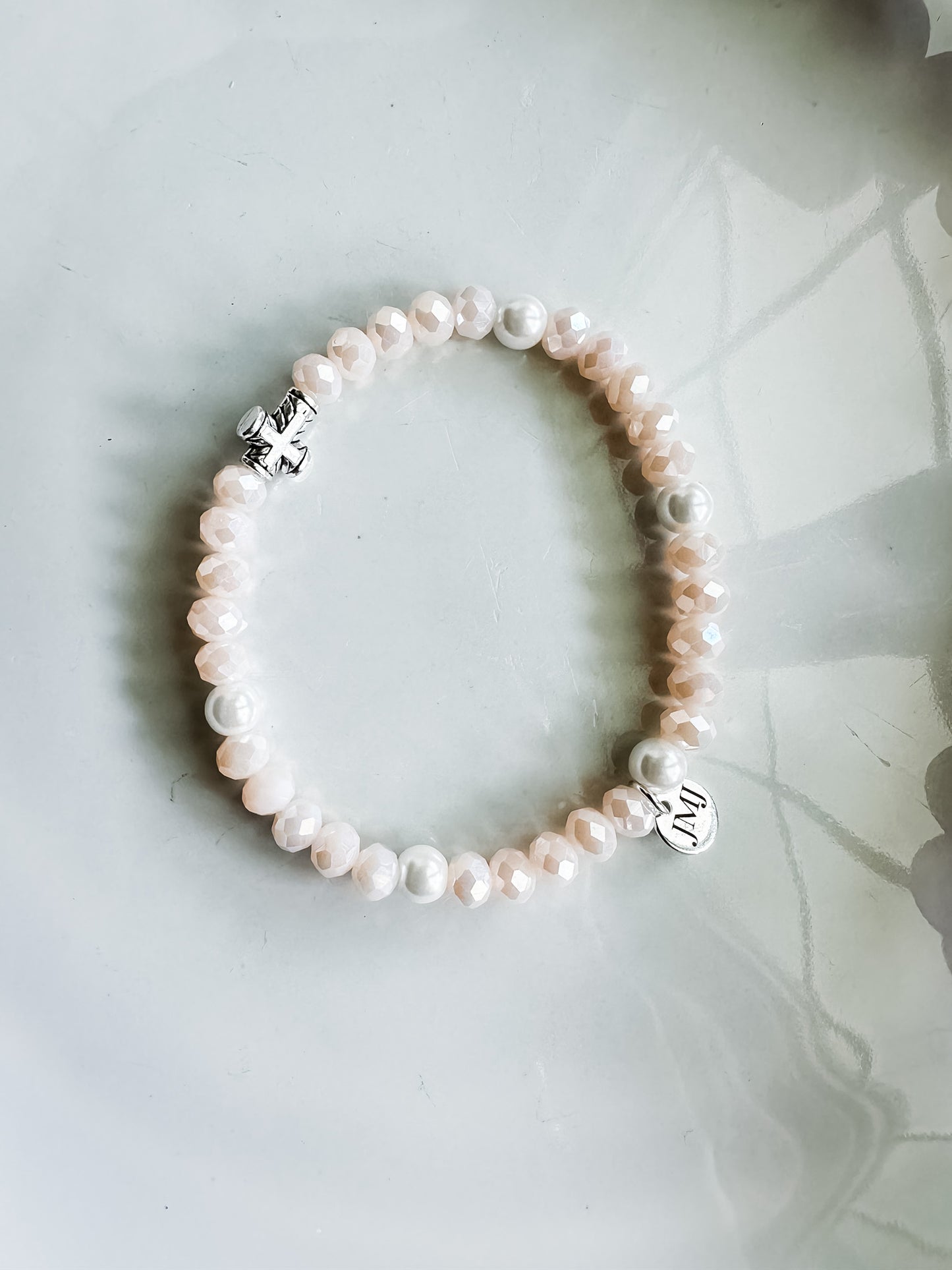 Mary Luxe Crystal Stretch Bracelet Stack Set of 3 in Milky White and Blush Pink