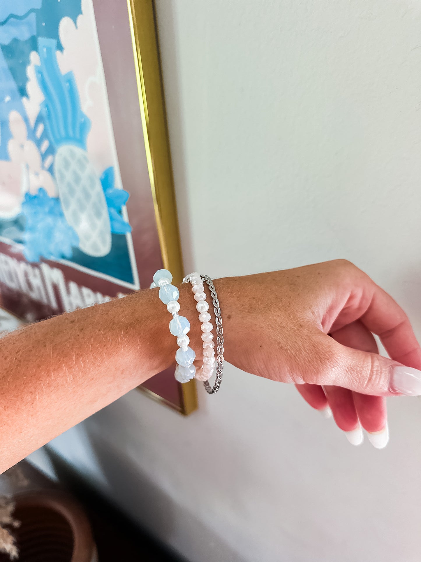 Mary Luxe Crystal Stretch Bracelet Stack Set of 3 in Milky White and Blush Pink