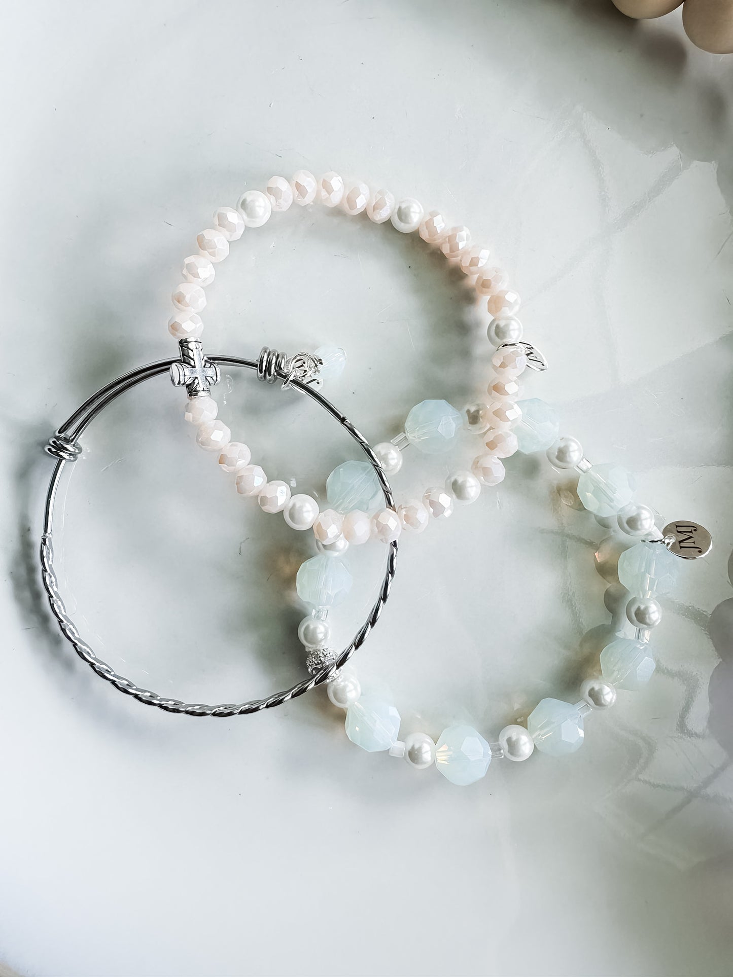 Mary Luxe Crystal Stretch Bracelet Stack Set of 3 in Milky White and Blush Pink